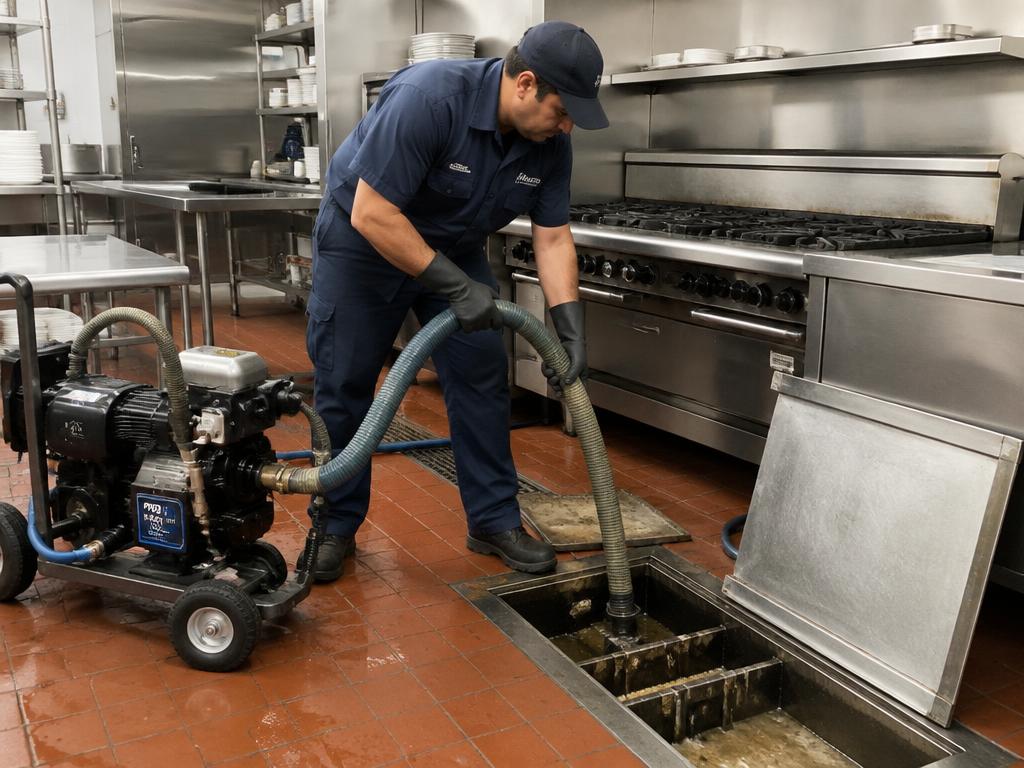 Technician pumping a grease trap in a commercial kitchen